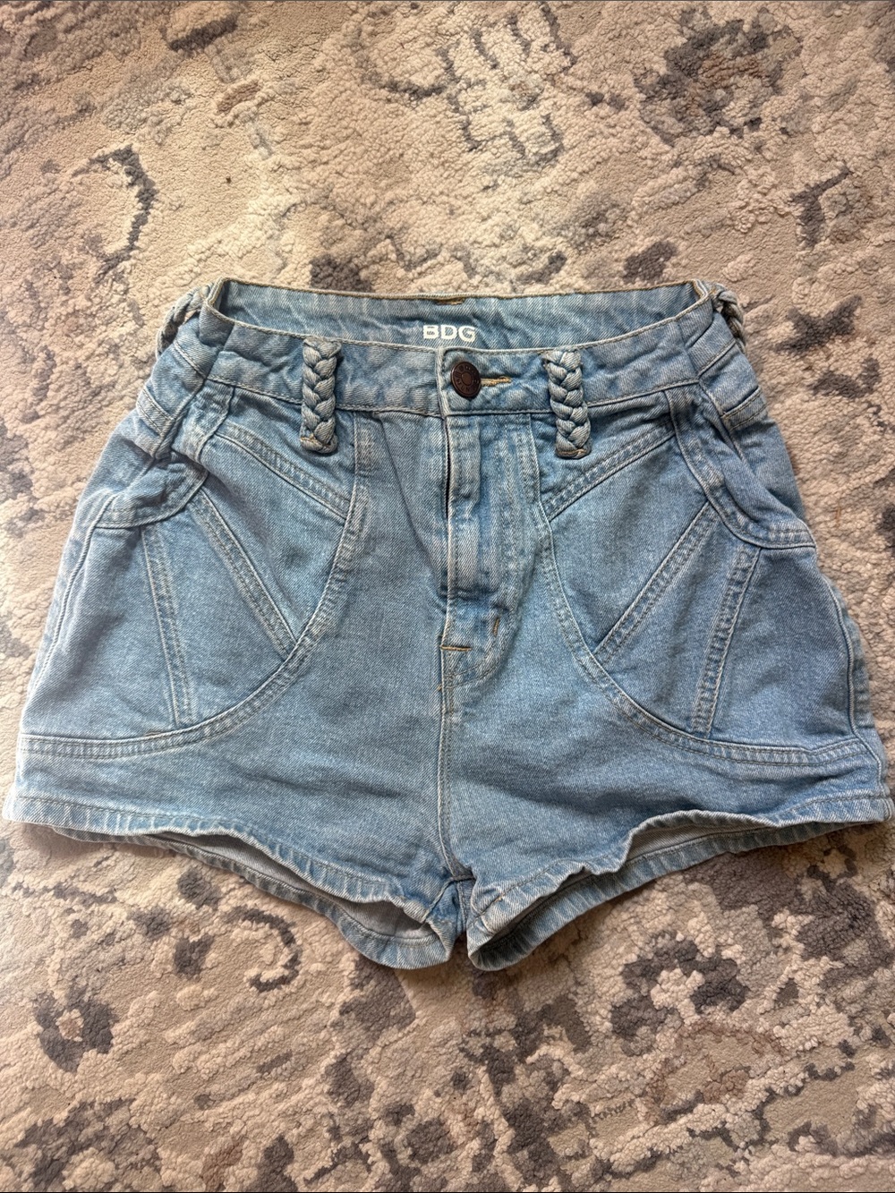BDG Light Blue Braided-Belt Denim Shorts